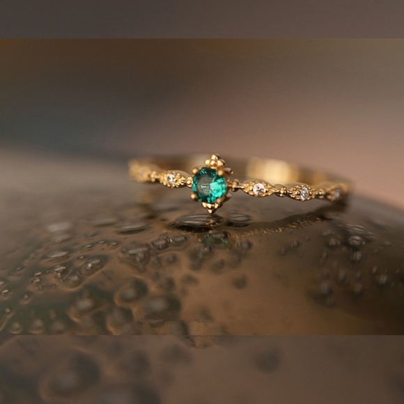 Sterling Silver Emerald and Simulated Diamond Gold Ring - Picture 2 of 5